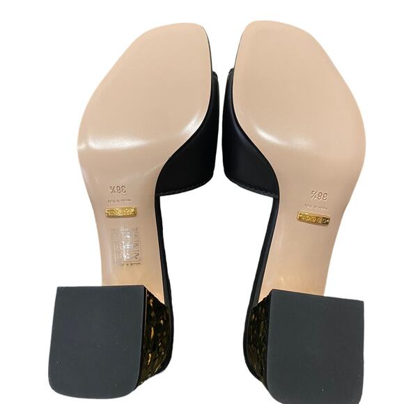 Gucci Interlocking G Cut Out Black Leather Gold Block Heel Sandal 38.5 - Picture 6 of 12
